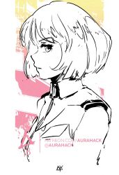  1girl aurahack collared_jacket earth_federation from_side gundam jacket looking_at_viewer medium_hair military_uniform mobile_suit_gundam monochrome open_mouth patreon_username sayla_mass sideways_glance signature solo upper_body 