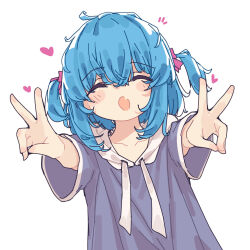  1girl :d ^_^ aoi_tori blue_hair blue_hoodie blush_stickers closed_eyes collarbone commentary_request double_v drawstring facing_viewer hair_between_eyes heart highres hood hood_down hoodie notice_lines open_mouth original outstretched_arms short_hair short_sleeves sidelocks simple_background smile solo teru-chan_(aoi_tori) two_side_up upper_body v white_background 