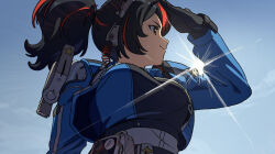  1girl black_gloves black_hair blue_jacket blue_sky breasts closed_mouth commentary_request from_below gloves hair_between_eyes hairband highres jacket long_hair meka_aoratos metal_hairband multicolored_hair police police_uniform policewoman ponytail red_streaks shirt sky smile solo streaked_hair sun sweat upper_body zenless_zone_zero zhu_yuan 