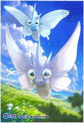  absurdres blue_sky bug fangs flower flying grass highres insect_wings moco_hime_68 moth no_humans pokemon pokemon_(creature) sky venomoth white_flower wings 