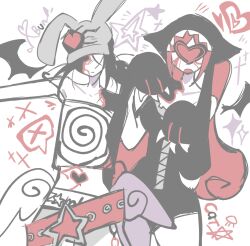  2girls alien_stage angel_and_devil angel_wings animal_ear_headwear beanie belt black_hair black_hat black_leotard camisole commentary demon_wings earflap_beanie english_commentary grey_hat hat highres leotard low_wings mizi_(alien_stage) mizi_(zombie_stage) mogumatcha multiple_girls official_alternate_costume paw_pose pink_belt pink_hair rabbit_ear_headwear spiral_print star_(symbol) star_belt_buckle strapless strapless_leotard sua_(alien_stage) sua_(zombie_stage) white_camisole wings x_(symbol) zipper zipper_leotard zombie_stage 