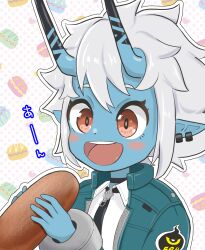  1girl blue_skin blush brown_eyes choker collared_shirt colored_skin commentary_request ear_piercing earrings food food_request highres holding holding_food horns imminent_bite jacket jewelry long_sleeves looking_down macaron necktie oni open_mouth outline piercing pointy_ears portrait shirt short_hair simesaba_(xwdt4337) smile solo soukaku_(zenless_zone_zero) translation_request white_hair white_outline zenless_zone_zero 