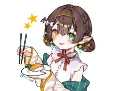  1girl bad_link black_hair blush bow bowtie braid chopsticks detached_sleeves food hair_ornament hojo_studio holding holding_chopsticks holding_plate looking_at_viewer monochrome plate pointy_ears red_ribbon ribbon rie_ccat side_braid sim_chan solo star_(symbol) sushi tongue tongue_out transparent_background virtual_youtuber white_bow white_bowtie 