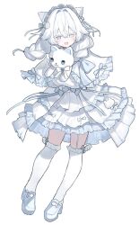  1girl :3 blue_bow blue_capelet blue_shoes bow capelet commentary_request commission cross dress fang footwear_bow frilled_capelet frills full_body garter_straps heterochromia highres holding holding_stuffed_toy layered_dress long_hair looking_at_viewer maid_headdress omochitabet original over-kneehighs shoes simple_background single_garter_strap skeb_commission solo stuffed_animal stuffed_toy thigh-highs white_background 