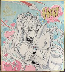  1girl absurdres aemeath_(wuthering_waves) ahoge bare_shoulders blush breasts character_name closed_mouth commentary_request dated elbow_gloves gloves hair_ornament heart highres holding holding_stuffed_toy long_hair looking_at_viewer medium_breasts paper_airplane ponytail sagi_(sagi_0116) signature smile solo star-shaped_pupils star_(symbol) stuffed_toy symbol-shaped_pupils traditional_media upper_body wuthering_waves 