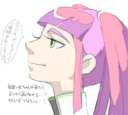  1girl as_(mememi) bad_drawr_id bad_id blunt_bangs closed_mouth copyright_request from_side green_eyes long_hair multicolored_hair nose pink_hair portrait purple_hair sidelocks simple_background smile solo speech_bubble translation_request two-tone_hair white_background 