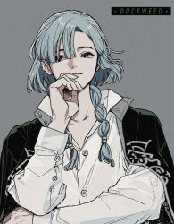  1boy artist_name blue_hair braid buttons closed_mouth collarbone collared_shirt eyelashes fingernails grey_background hand_on_own_face highres jack_jeanne jacket lips long_hair long_sleeves looking_to_the_side male_focus rokkatera shirt simple_background solo thinking tsukasa_oshinari upper_body violet_eyes white_shirt 
