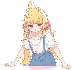  1girl ahoge aoi_tori blonde_hair blue_skirt blush_stickers chieri-chan_(aoi_tori) collarbone commentary_request cowboy_shot dot_nose fang hair_bobbles hair_ornament highres jitome long_hair low_twintails open_mouth original pleated_skirt red_eyes shirt short_sleeves simple_background skin_fang skirt solo suspender_skirt suspenders twintails white_background white_shirt 
