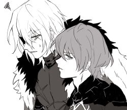  2boys absurdres armor bags_under_eyes breastplate closed_mouth commentary dimitri_alexandre_blaiddyd dimitri_alexandre_blaiddyd_(timeskip) eyepatch fire_emblem fire_emblem:_three_houses fur_trim gorget greyscale hair_behind_ear hair_between_eyes highres looking_at_another looking_to_the_side male_byleth_(fire_emblem) male_focus medium_hair mokuu4425 monochrome multiple_boys nervous_sweating one_eye_covered parted_lips short_hair sideways_glance simple_background squiggle sweat upper_body white_background 