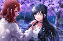  2girls aoyagi_tsubaki black_choker black_hair black_jacket black_nails cherry cherry_blossoms choker closed_eyes collarbone d4dj ear_piercing falling_petals fingernails food fruit game_asset grey_eyes highres holding holding_petal jacket jewelry long_hair long_sleeves looking_at_another looking_at_viewer multiple_girls nail_polish night official_art open_clothes open_jacket open_mouth outdoors petals piercing pink_petals ring road seto_rika shirt solo third-party_source tree twintails upper_body white_shirt 