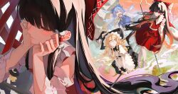 3girls absurdres apron ascot black_hat black_skirt blonde_hair blue_bow blue_dress blue_hair bow braid broom broom_riding brown_hair chinese_commentary cirno closed_eyes collared_shirt commentary_request detached_sleeves detached_wings dress frilled_bow frilled_hair_tubes frills green_bow grin hair_bow hair_tubes hakurei_reimu hat hat_bow head_rest highres ice ice_wings kirisame_marisa long_hair multiple_girls open_mouth pinafore_dress podtix puffy_short_sleeves puffy_sleeves red_bow red_eyes red_skirt ribbon-trimmed_sleeves ribbon_trim shirt short_sleeves side_braid signature single_braid skirt skirt_set sleeveless sleeveless_dress smile torii touhou very_long_hair waist_apron white_apron white_bow white_shirt wings witch_hat yellow_ascot yellow_eyes 
