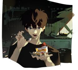  1boy bandage_on_nose black_shirt border cake cake_slice food food_on_face food_on_hand fruit hand_up highres holding holding_cake holding_food holding_plate icing indoors kitchen looking_at_viewer male_focus mu_ugii open_mouth original plate shirt short_hair solo strawberry strawberry_shortcake upper_body white_border 