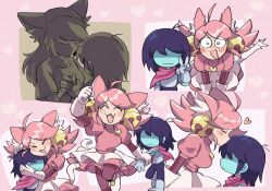  1girl 1other :3 :d ^_^ ahoge animal_ears bell bell_ear_ornament blue_hair blue_skin blush_stickers cat_ears cat_girl cat_tail closed_eyes colored_skin deltarune dress english_commentary expressionless fang footwear_bell gloves gold_bell hair_bell hair_ornament heart heart_locket heart_necklace heart_pendant highres holding_another's_wrist hug jewelry kiss kissing_forehead kris_(dark_world)_(deltarune) kris_(deltarune) locket mad_mew_mew magical_girl necklace nomu_poncha open_mouth other_with_female pendant pink_dress pink_frills pink_hair shaded_face short_hair smile tail utdr_(toby_fox) white_gloves 