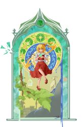  1girl absurdres artist_name ascot back_bow blonde_hair bow bug butterfly butterfly_on_hand chinese_commentary collared_shirt commentary_request dated flandre_scarlet full_body goat green_butterfly highres one_side_up red_eyes red_shoes red_skirt red_vest shirt shoes simple_background skirt skirt_set solo touhou transparent_background vest white_bow white_shirt wings yellow_ascot yrenkun 