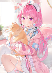  1girl ahoge animal animal_ears aqua_hair asymmetrical_legwear bell belt black_bow blue_bow blue_hair blue_ribbon blush book bow bow_legwear cardigan cat cat_ears cat_girl cat_tail closed_mouth colored_inner_hair commentary curtains detached_collar dress footwear_bow garter_straps gloves hair_bow hair_intakes heart heart_print highres holding holding_animal holding_cat indie_virtual_youtuber indoors jingle_bell kneehighs long_hair long_sleeves looking_at_viewer low_twintails maid_headdress muchao_(yuuki_sakuna) multicolored_hair neck_bell neck_ribbon pink_bow pink_cardigan pink_dress pink_eyes pink_hair pink_tail plant potted_plant ribbon single_garter_strap sitting smile socks tail tail_ornament tail_ribbon thigh-highs thigh_belt thigh_strap twintails two-tone_hair uneven_legwear virtual_youtuber white_belt white_bow white_dress white_garter_straps white_gloves white_socks white_thighhighs window yellow_cat yuuki_hagure yuuki_sakuna yuuki_sakuna_(3rd_costume) 