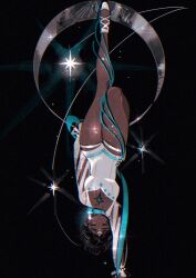  1girl absurdres athletic_leotard black_hair breasts chinese_commentary circle closed_eyes commentary_request dark-skinned_female dark_skin full_body hair_bun handstand highres hl_(iamawhitehippo) kaalaa_baunaa leg_up leotard long_sleeves official_alternate_costume reverse:1999 shoes solo sparkle upside-down white_leotard white_shoes 