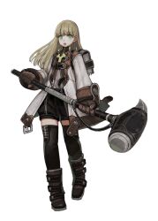  1girl belt belt_boots belt_buckle black_belt black_shorts black_thighhighs blonde_hair blush book boots brown_boots brown_gloves buckle chain chain_necklace collared_jacket commentary_request energy_hammer eyelashes fantasy full_body gloves green_eyes hammer highres holding holding_hammer jacket jewelry jun_(navigavi) lips long_hair long_sleeves looking_to_the_side making-of_available multiple_belts necklace nose open_mouth original partially_unbuttoned shirt shorts simple_background solo standing teeth thigh-highs upper_teeth_only white_background white_jacket white_shirt 