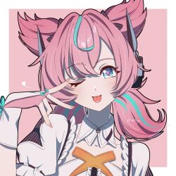  1girl aqua_hair aqua_streaks aria_(human)_(zenless_zone_zero) aria_(zenless_zone_zero) blue_eyes blush bridal_gauntlets collarbone commentary_request crossed_bangs detached_collar dress fingerless_gloves gloves hair_between_eyes hand_up highres looking_at_viewer multicolored_hair one_eye_closed oootsuyu pink_background pink_gloves pink_hair portrait quad_tails solo star-shaped_pupils star_(symbol) streaked_hair symbol-shaped_pupils tongue tongue_out white_bridal_gauntlets white_dress zenless_zone_zero 