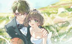  :d artist_name back_bow ball baseball_(object) black_jacket blunt_bangs bow breasts bridal_veil brown_hair buttons collarbone commission day dot_nose dress feathers from_above glasses green_eyes green_hair hair_bun hand_on_another's_shoulder hetero highres holding holding_ball jacket kimmissionn kuroko_no_basuke lapels light_blush light_frown long_sleeves looking_at_viewer looking_to_the_side medium_breasts midorima_shintarou notched_lapels oc_x_canon open_mouth original outdoors parted_bangs raised_eyebrows rectangular_eyewear see-through_clothes see-through_veil semi-rimless_eyewear shirt short_hair single_hair_bun sleeveless sleeveless_dress smile teeth tiara tuxedo under-rim_eyewear upper_body upper_teeth_only veil wedding white_shirt 