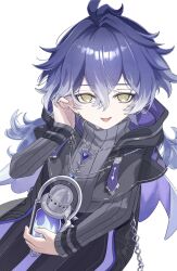  1boy aged_down black_coat black_jacket black_pants blue_hair child coat commentary_request flins_(genshin_impact) genshin_impact grey_sweater highres holding_lamp jacket long_hair male_focus multicolored_hair open_mouth pants solo streaked_hair sweater turtleneck turtleneck_sweater white_background white_hair yakousei_ookami yellow_eyes 