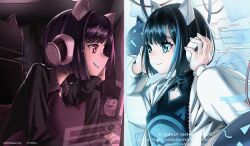  2girls absurdres adjusting_headphones animal_ear_headphones animal_ears asakura_neko asakura_neko_(neko_ii) black_hair black_hoodie black_shirt blue_hair blue_trim cat_ear_headphones cat_ears chair cleavage_cutout clothing_cutout computer_keyboard copyright_notice cytus cytus_ii fake_animal_ears from_side gaming_chair head_rest headphones highres holographic_interface hood hoodie long_sleeves meowbot multicolored_hair multiple_girls official_art pink_hair shirt smile split_theme streaked_hair stuffed_animal stuffed_cat stuffed_toy swivel_chair white_hoodie 