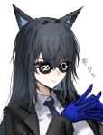  1girl animal_ears arknights black_hair black_vest blue_gloves blue_necktie closed_mouth gloves horn/wood long_hair long_sleeves necktie secretary_settings_(arknights) solo sunglasses texas_(arknights) texas_the_omertosa_(arknights) upper_body vest wolf_ears wolf_girl 