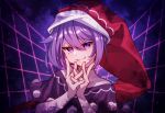  1girl artist_name doremy_sweet evil_grin evil_smile grid grin hair_between_eyes hat interlocked_fingers looking_at_viewer nightcap pom_pom_(clothes) portrait purple_hair red_headwear short_hair smile solo tojorin touhou violet_eyes 