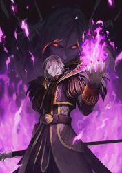  1boy belt blonde_hair brown_belt character_background coat collared_coat collared_jacket commentary covered_mouth cowboy_shot cropped_jacket demon_boy dragon_quest dragon_quest_xi fantasy feather_coat fire glowing glowing_eyes hair_between_eyes hand_up highres holding holding_polearm holding_weapon homeros_(dq11) jacket jun_(navigavi) lips looking_at_viewer looking_to_the_side making-of_available male_focus nose official_alternate_costume open_clothes open_jacket parted_lips pointy_ears polearm puff_and_slash_sleeves puffy_sleeves purple_coat purple_fire purple_jacket purple_theme pyrokinesis red_eyes red_nails short_hair striped_sleeves weapon 