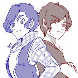  2boys closed_mouth collared_shirt commentary_request crossed_arms dual_persona hair_over_one_eye highres hood hoodie junpei_(kyokugen_dasshutsu) kyokugen_dasshutsu kyokugen_dasshutsu:_9_jikan_9_nin_9_no_tobira limited_palette long_sleeves male_focus multiple_boys open_clothes open_vest plaid_clothes plaid_shirt shirt short_hair short_sleeves simple_background smile split_mouth tebaken_mind thick_eyebrows translation_request upper_body vest white_background zero_escape:_toki_no_dilemma 