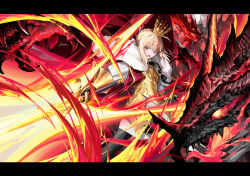  1girl ahoge armor armored_dress artoria_pendragon_(fate) black_pantyhose blonde_hair braid breastplate breasts cloak crown dragon dress fate/grand_order fate_(series) faulds fire fur-trimmed_cloak fur_trim gauntlets gold_armor gold_trim green_eyes hair_bun hair_ribbon kousaki_rui long_hair long_sleeves looking_at_viewer lord_logres_(fate) lord_logres_(first_ascension)_(fate) medium_breasts open_mouth pantyhose red_cloak ribbon sidelocks sword weapon white_dress white_ribbon 