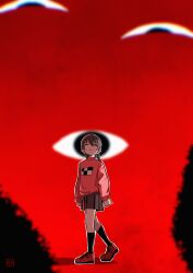  1girl absurdres artist_logo black_socks blast-7 braid brown_hair brown_skirt closed_eyes commentary disembodied_eye facing_viewer highres horror_(theme) logo long_hair long_sleeves madotsuki miniskirt outline pink_sweater print_sweater red_background red_shoes shoes skirt socks standing sweater twin_braids untranslatable_commentary white_outline yume_nikki 