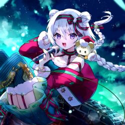  1girl bag bare_shoulders bow_hairband braid chain chain_bracelet chimney double_bun dress elia_stellaria fur-trimmed_dress fur-trimmed_sleeves fur-trimmed_thighhighs fur_trim green_dress green_thighhighs hair_bun hair_ribbon hairband hat highres holding holding_microphone indie_virtual_youtuber jacket long_sleeves microphone red_jacket ribbon saiko_(saisaka) santa_hat second-party_source smile snowflake_ornament solo star_(sky) star_ornament starry_sky_background strap striped_clothes striped_thighhighs stuffed_animal stuffed_toy thigh-highs twin_braids vertical-striped_clothes vertical-striped_thighhighs violet_eyes white_hair 