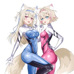  2girls absurdres animal_ears ass blonde_hair blue_eyes blue_hair bodysuit breasts cowboy_shot dog_ears dog_girl dog_tail from_side fuwawa_abyssgard highres hololive hololive_english long_hair looking_at_viewer mococo_abyssgard multicolored_hair multiple_girls pink_hair red_eyes shirohodo short_hair streaked_hair tail virtual_youtuber white_background 