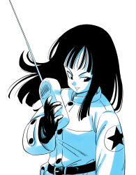  absurdres amayuki318 belt black_hair coat dragon_ball dragon_ball_(classic) gloves highres holding_radio holster long_eyelashes long_hair looking_to_the_side mai_(dragon_ball) partially_colored radio radio_antenna simple_background smile star_(symbol) trench_coat upper_body white_background 