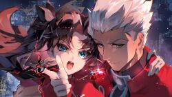  1boy 1girl :o absurdres archer_(fate) black_hair blue_eyes brown_eyes close-up closed_mouth commentary english_commentary fangwan fate/stay_night fate_(series) gem highres jewelry long_hair necklace open_mouth red_gem teeth tohsaka_rin uneven_eyes upper_teeth_only v-shaped_eyebrows white_hair 