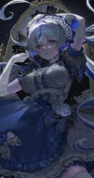  1girl absurdres aokumo_rin apron belt belt_buckle blue_apron blue_bow blue_streaks bow bow_apron breasts bright_pupils broken_mirror buckle censored character_name cloud_hair_ornament commentary_request cowboy_shot dress elbow_gloves floating_hair frilled_dress frills gloves grey_belt grey_bow grey_dress grey_hair hair_intakes hair_ornament hands_up highres junggwa6 korean_commentary large_breasts long_hair looking_at_viewer maid maid_apron maid_headdress mirror multicolored_hair parted_lips pink_eyes polka_dot polka_dot_bow short_sleeves solo standing stellive streaked_hair very_long_hair virtual_youtuber waist_apron white_gloves white_pupils 