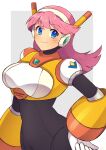  1girl blue_eyes blush breasts character_request check_character closed_mouth hand_on_own_hip headset highres large_breasts long_hair looking_at_viewer mega_man:_maverick_hunter_x mega_man_(series) mega_man_x_(series) navigator_(mega_man) pink_hair robot_girl smile solo swept_bangs tobitori 