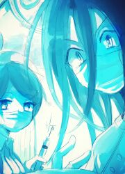  2girls blue_theme commentary_request hair_between_eyes hand_up hat holding holding_syringe long_hair long_hair_between_eyes looking_at_viewer mask monochrome mouth_mask multiple_girls nurse nurse_cap qniokun rensa_#28 rensa_#29 rensa_(toaru_majutsu_no_index) slit_pupils sparkle syringe toaru_majutsu_no_index toaru_majutsu_no_index:_new_testament v-shaped_eyebrows white_background 