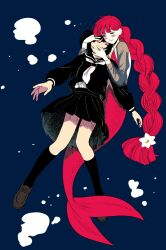  2girls black_hair black_sailor_collar black_serafuku black_shirt black_skirt black_socks blue_background blush braid brown_shoes commentary greek_commentary hand_on_another's_face hand_on_another's_head highres lara_(sayonara_lara) long_hair low-braided_long_hair low-tied_long_hair merfolk mermaid monster_girl multiple_girls neckerchief ootsu_mari red_hair sailor_collar sayonara_lara school_uniform serafuku shirt shoes short_hair skirt socks underwater very_long_hair washijayowashi0 white_neckerchief yuri 