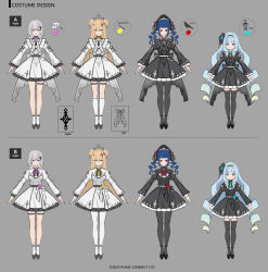  2025 4girls ahoge ankle_socks aqua_hair bird black_dress black_halo black_pantyhose black_shoes black_thighhighs blonde_hair blue_eyes blue_hair bow bowtie closed_mouth commentary conductor_baton copyright_logo copyright_notice crow dizzy_dokuro double_bun dress dress_bow drill_hair ember_amane english_commentary english_text flower frilled_dress frills gradient_hair grey_background hair_bun hair_ornament halo headdress high_collar highres jelly_hoshiumi kaneko_lumi kneehighs lamp lily_(flower) logo long_hair long_sleeves looking_at_viewer multicolored_hair multiple_girls official_art pantyhose phase_connect phase_invaders pink_streaks pointy_ears red_eyes reference_sheet renian shoes short_dress simple_background socks sparkle_hair_ornament standing straight-on streaked_hair striped_bow striped_bowtie striped_clothes thigh-highs thigh_strap twin_drills very_long_hair violet_eyes white_bow white_dress white_hair white_pantyhose white_socks 