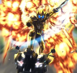  1boy armor armored_bodysuit black_bodysuit blue_eyes bodysuit commentary_request core_medal explosion forehead_jewel holding holding_sword holding_weapon kamen_rider kamen_rider_ooo kamen_rider_ooo_(ratoratah_combo) kamen_rider_ooo_(series) medajaribur motor_vehicle motorcycle o_medal ooo_driver rider_belt ridevendor shingo_(picturepuzzle) slashing solo standing sword tokusatsu weapon yellow_armor 