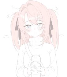  1girl absurdres beer_can black_ribbon blue_eyes blush can commentary drink_can drunk hair_ribbon highres holding holding_can kamiina_botan kamiina_botan_yoeru_sugata_wa_yuri_no_hana long_hair looking_at_viewer lorian_(ahrs3558) parted_lips pink_hair ribbon solo squiggle sweat sweater turtleneck turtleneck_sweater two_side_up upper_body 