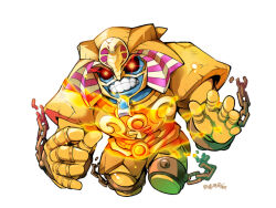  1boy ancient_egyptian_clothes brown_egyptian_cat-eared_loli_(trend) clenched_teeth cuffs exodia_the_forbidden_one full_body glowing glowing_eyes heping_zhongjie_shang male_focus shackles simple_background solo teeth white_background yu-gi-oh! 