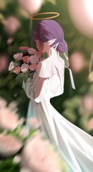  1girl ahoge alternate_costume alternate_hairstyle blunt_bangs blurry blurry_background bouquet bridal_veil commentary dress english_commentary flower gradient_hair hair_bun halo holding holding_bouquet hololive hololive_english long_dress long_sleeves multicolored_hair ninomae_ina'nis orange_hair pink_flower pink_rose pointy_ears purple_hair rose see-through_clothes see-through_veil short_hair sidelocks single_hair_bun solo sweetwhite tentacle_hair veil virtual_youtuber wedding_dress white_flower white_rose white_wings wings 