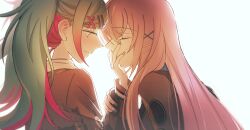 2girls ajie_(changemyself) black_jacket blue_hair blue_nails closed_eyes hand_on_another's_face hatsune_miku highres jacket kiss kissing_hand leo/need_luka leo/need_miku long_hair looking_at_another megurine_luka multicolored_hair multiple_girls pink_hair pink_streaks project_sekai school_uniform simple_background streaked_hair vocaloid white_background yuri 