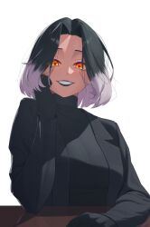  1girl absurdres black_gloves black_hair black_lips blazer desk ethernia345 gloves hair_intakes hand_on_own_cheek hand_on_own_face highres jacket looking_at_viewer medium_hair multicolored_hair original parted_bangs simple_background smile solo sweater turtleneck turtleneck_sweater two-tone_hair white_background white_hair yellow_eyes 
