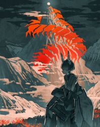  1boy artist_name bandaged_ankle bandaged_horn braid braided_ponytail bug centipede commentary_request dark-skinned_male dark_skin fantasy flower from_side hair_between_eyes highres horns ice_god_(jimini_shijimi) instagram_username japanese_clothes jimini_shijimi long_hair lotus_position moon mountain night original outdoors oversized_bug pointy_ears red_eyes red_flower sitting skeb_username sky sleeveless solo spider_lily tail twitter_username 