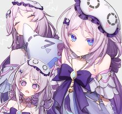  1girl 710koikoi @_@ biting biting_stuffed_toy blue_eyes blush citlali_(genshin_impact) citlali_(whispers_of_stars_and_smoke)_(genshin_impact) citlalin_(genshin_impact) closed_eyes collar commentary_request detached_collar facial_mark genshin_impact highres holding holding_stuffed_toy long_hair looking_at_viewer mask mask_on_head multiple_views official_alternate_costume pillow_bite pink_hair sidelocks simple_background sleep_mask sleepwear solo stuffed_toy sweatdrop triangle triangle_facial_mark white_background white_collar 