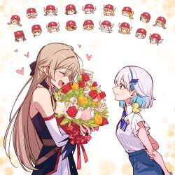  2girls absurdres arms_behind_back bare_shoulders bird blue_dress blue_hair blue_pants blue_streaks bouquet bridal_gauntlets brown_hair chibi chibi_inset closed_eyes closed_mouth commentary dress everyone flower from_side furen_e_lustario furen_e_lustario_(1st_costume) grey_hair hair_ribbon halter_dress halterneck hand_on_own_arm happy_tears head_only heart highres holding holding_bouquet jikkyou_powerful_pro_yakyuu kougi_hiroshi lize_helesta long_hair multicolored_hair multiple_girls nijisanji nijisanji_koshien open_mouth pants pink_flower red_flower ribbon sebastian_piyodore shirt_tucked_in short_hair short_sleeves sleeveless sleeveless_dress smile streaked_hair tears untranslatable_commentary virtual_youtuber yellow_bird yellow_flower 