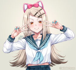  1girl animal_ear_hairband animal_ears blue_shirt brown_background brown_eyes cat_ear_hairband cat_ears closed_mouth commentary_request double_v fake_animal_ears flat_chest gakuen_idolmaster hair_ornament hairband hairclip heavy_breathing highres idolmaster long_hair looking_at_viewer midriff_peek nail_polish navel school_uniform serafuku shinosawa_hiro shirt signature simple_background smile solo sweat thick_eyelashes v very_long_hair white_shirt windart 
